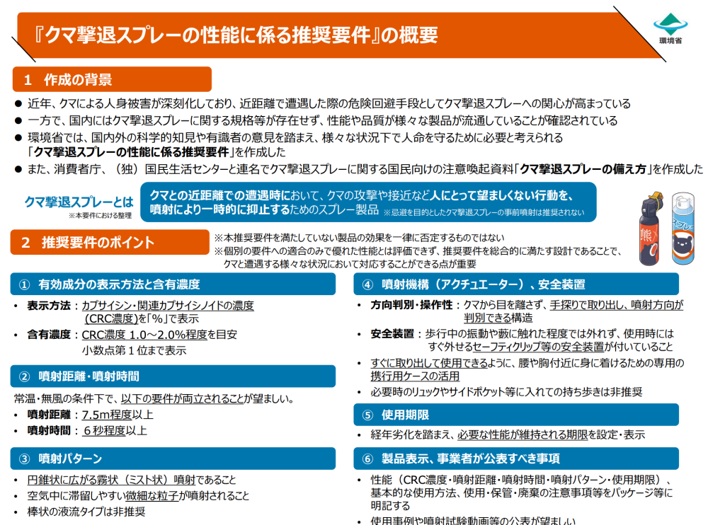 クマ撃退スプレーの性能に係る推奨要件令和8年8月
