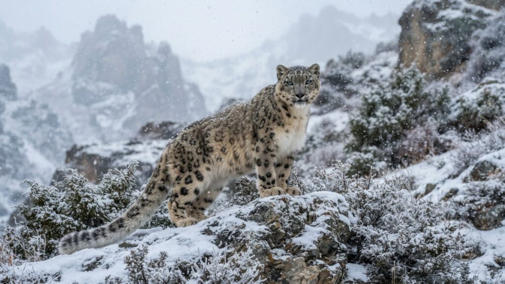 雪が降る山岳に佇むユキヒョウ