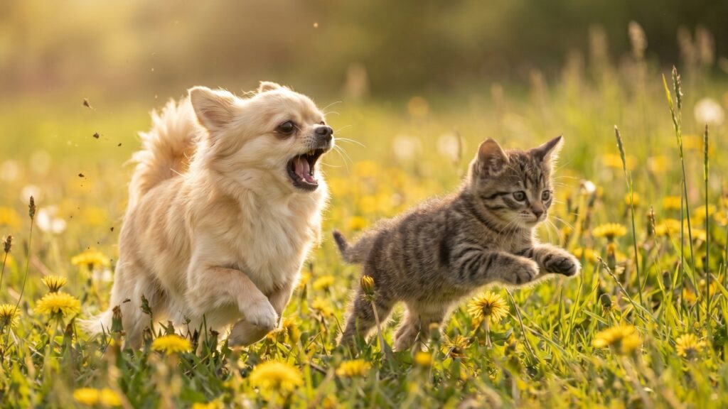 犬と猫が追いかけっこしている